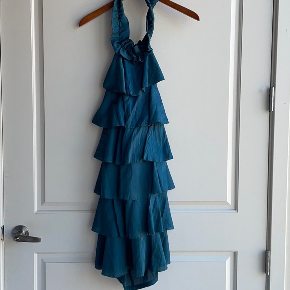 Esley Teal Blue Ruffle Halter Maxi Dress Size L
